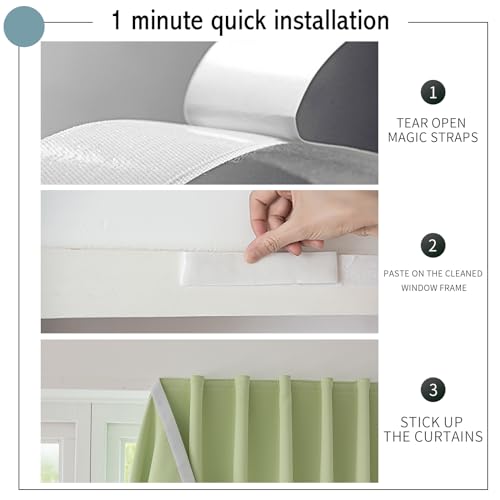 Magic Tape Stick on Curtains Blackout Curtains for Bedroom no Drillng Self Adhesive Curtain no Rod Small Window (Green / 47"W x 59"L (Pack of 2))