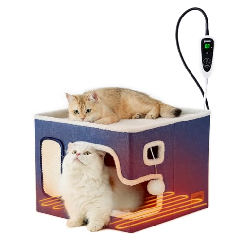 Heated Cat House Bed for Indoor Cats (Navy / Large)