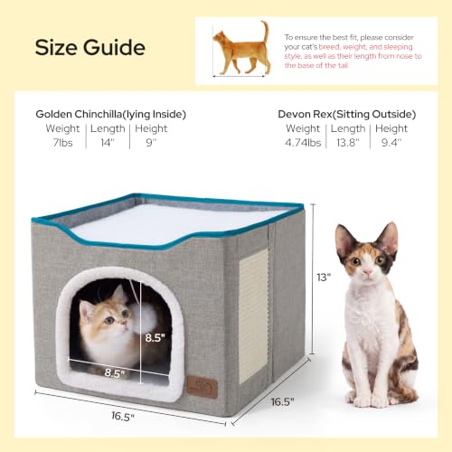 Cat House Bed for Indoor Cats with Fluffy Ball and Scratch Pad (Grey / Single)