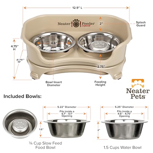 Express Mess Proof Dog Bowls Elevated for Small Breed (Small w/ Metal Slow Feed Bowl / Almond)