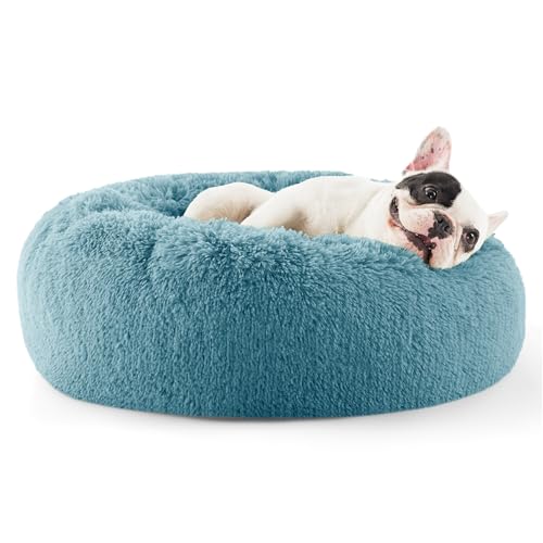 Calming Small Dog Bed Donut Washable Cat＆Puppy Bed (23"L x 23"W x 8"Th / Washed Blue)