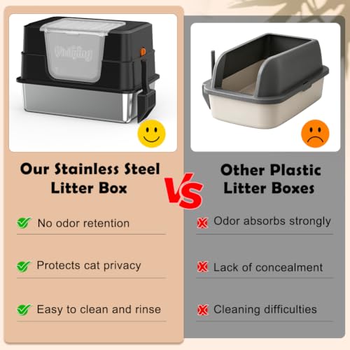 XL Stainless Steel Cat Litter Box with Lid (Black)