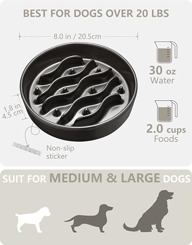 Ceramic Slow Feeder Dog Bowls for Medium and Large Dogs (Black / 8 Inches)