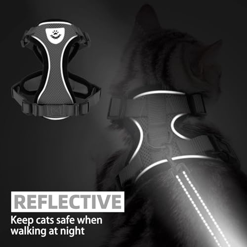 Cat Harness and Leash Set Escape Proof Reflective Cat Walking Harness Adjustable Soft Breathable Mesh Vest for Small Pets (M (NECK 11"-13.7", CHEST 16"-20") / Grey)