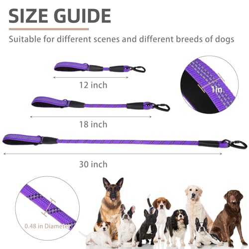 Reflective Short Dog Leashes 3 Pack for Walking and Training (Purple / 1FT+1.5FT+2.5FT)