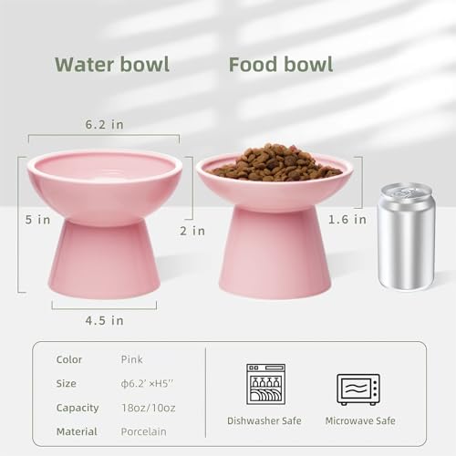 2 Pack Elevated Ceramic Cat Bowls Extra Wide for Food & Water (Pink)