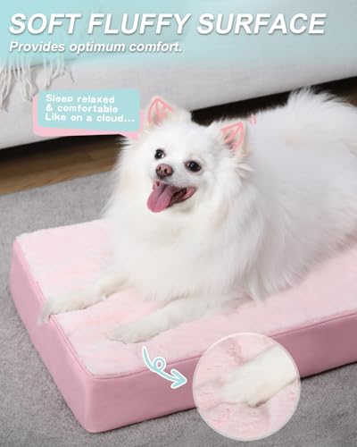 Orthopedic Dog Bed Waterproof Dog beds for Medium Dogs Deluxe Plush Washable Pet Mat with Egg Crate Foam & Removable Cover (Pink / 29.0"L x 18.0"W x 3.0"Th)