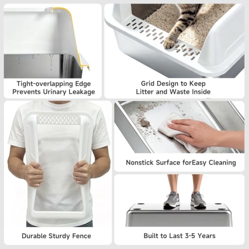 High Sided Stainless Steel XL Cat Litter Box for Cats (White XL)