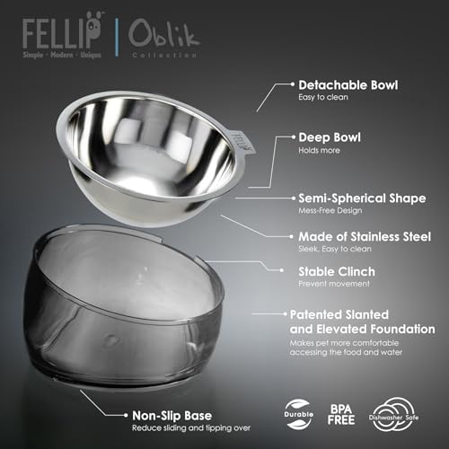 Oblik 15° Tilted Small Animal Bowls for Pet Food & Water 6 oz Stainless Steel Dish Removable (Smoky / Mini Pet)