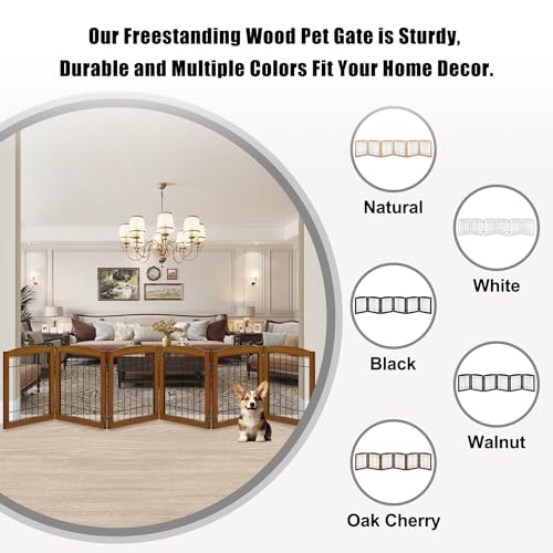 6 Panel Extra Wide Wooden Freestanding Dog Gate (24"Height-6 Panel / Oak Cherry)