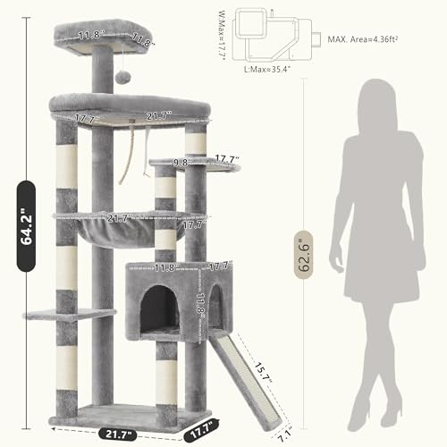64.2" Heavy Duty Cat Tree for Large Cats with Wide Base HCT027W (64.2 inch / Light Gray)