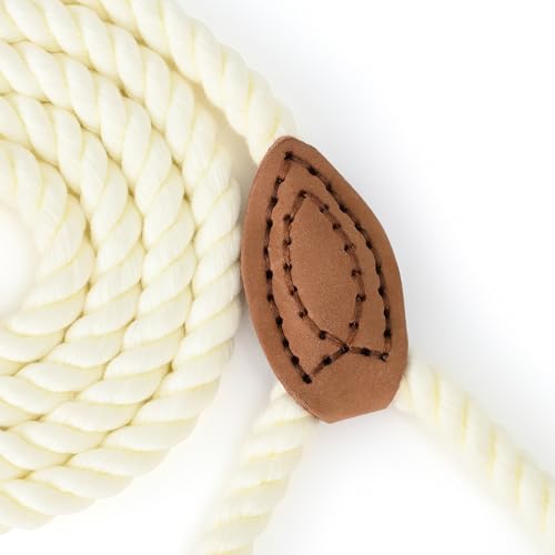 Dog Leash Braided Cotton Rope with Leather (Cream White / 72 Inch-1/2")