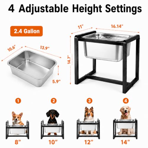 Adjustable Height Elevated Large Dog Water Bowls with Stainless Steel Bowls and Metal Stand (2.4GLLON)