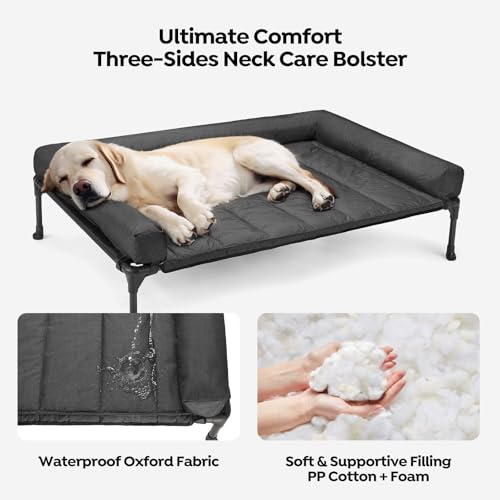 Outdoor Elevated Dog Bed with Waterproof Bolster Cushion (Black / 42.0"L x 30.0"W x 7.0"Th)