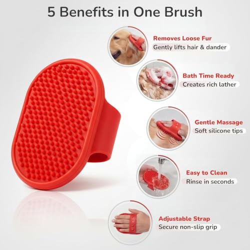 Rubber Pet Grooming Brush for Dogs & Cats (Red)