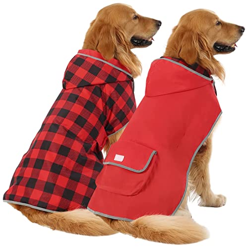2-in-1 Reversible Dog Raincoat Hooded Poncho Rain Jacket Red Plaid 3XL (XXX-Large / Buffalo Plaid / Red)