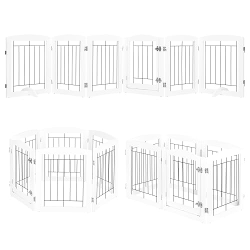 6 Panels Dog Gate Indoor with Walk Through Door (White / 【6 Panels with door】120"W x 24"H)