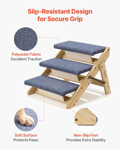 Wood Pet Stairs (Wood Color+Blue / 3-Step Foldable)