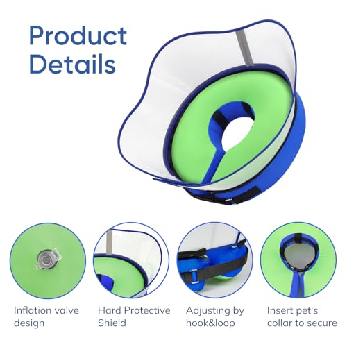 Raised Inflatable Dog Cone Collar to Stop Licking (Smooth Green / S(Neck 7"-9.5"))