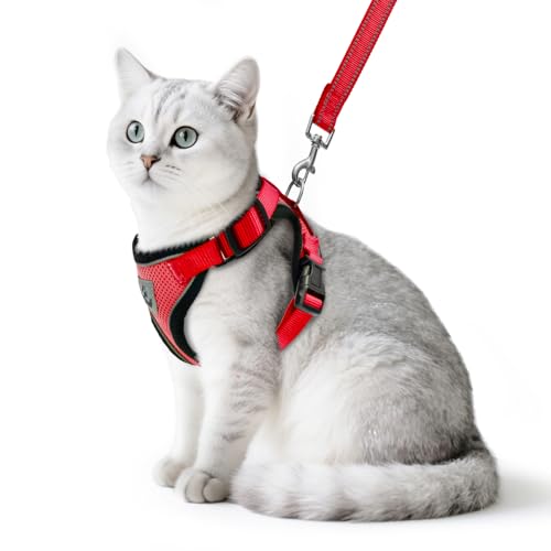 Cat Harness and Leash Set Escape Proof Reflective Cat Walking Harness Adjustable Soft Breathable Mesh Vest for Small Pets (S (NECK 9.5"-11", CHEST 13"-16") / Red)
