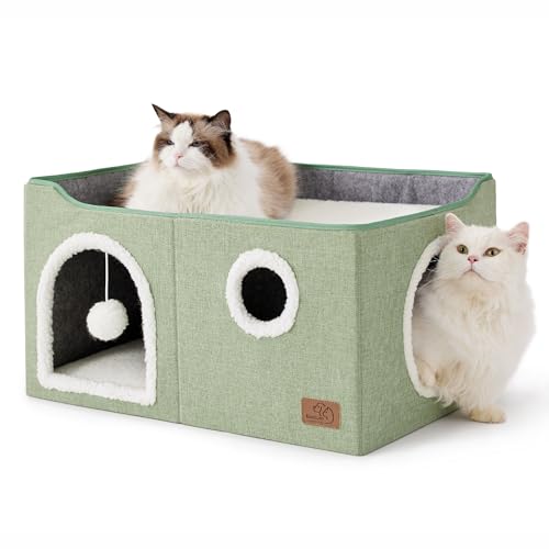 Extra Wide Cat House Bed with Fluffy Ball and Scratch Pad (Green / Widen)