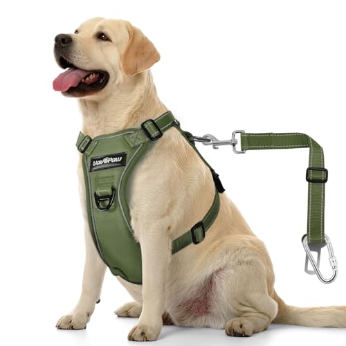 Dog Seat Belt Vest Harness for Car (Full Army Green / L (Chest: 22-32.3", Neck: 16.9-26"))