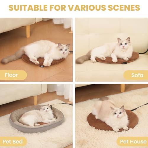 Pet Heating Pad for Cats Dogs Indoor & Sheltered Outdoor Waterproof Heated Cat Bed Heated Dog Bed Chew Resistant Cord Constant Temperature Electric Warming (Brown / Round: 16" x 16" x 1.3")