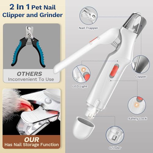 2-in-1 Dog & Cat Nail Clippers and Grinder with Catcher & 2 LED Lights (White)