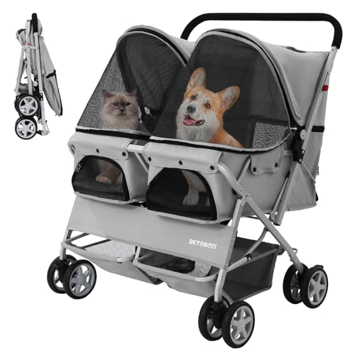 Double Pet Stroller for 2 Small Dogs & Cats (Gray)
