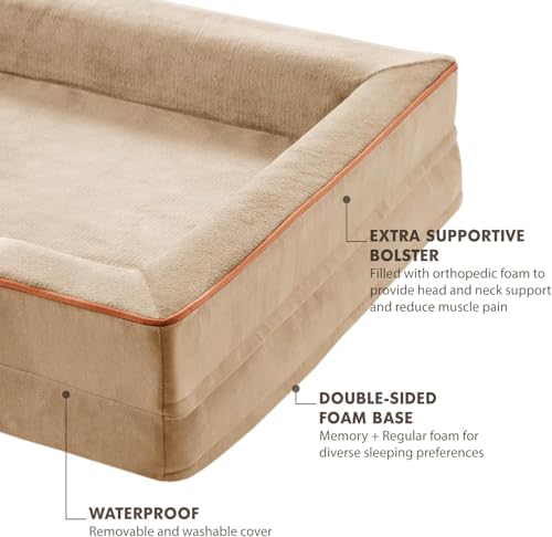 Orthopedic Dog Bed for Large Dogs (All-Foam Bolster Bed / Ally Khaki / Large (35" x 25" x 6.5"))