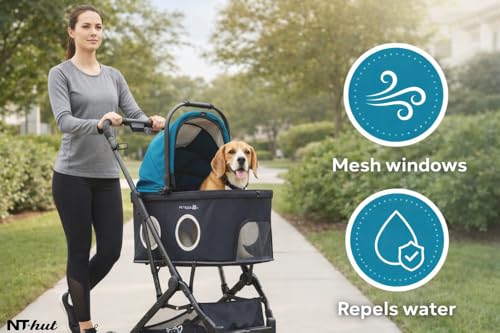 NT·hut 3-in-1 Pet Stroller for Small and Medium Dogs and Cats, Up to 50 lbs (Black Teal Turquoise)