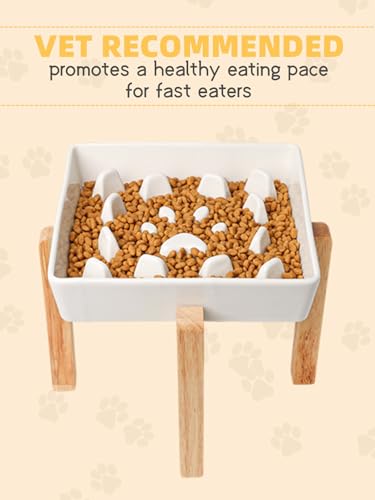 Square Ceramic Dog Slow Feeder Bowls (White / M-1.8 Cups+Stand)