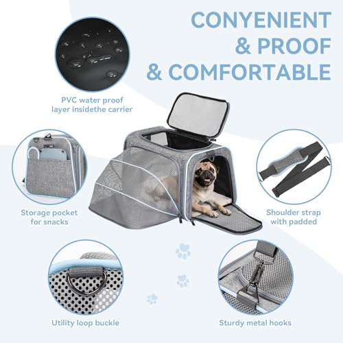 Large Double Expandable Cat Carrier for Large Cats and Small Dogs (19.0"L x 12.0"W x 12.0"H / Light Grey)