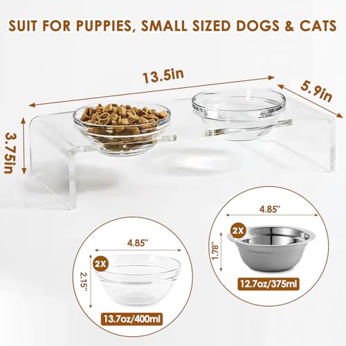 Elevated Acrylic Pet Bowl Stand (Small: 3.75'' Height, 13.7 oz Glass Bowl)