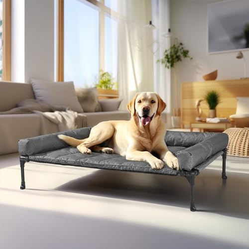 Outdoor Elevated Dog Bed with Waterproof Bolster Cushion (Black Silver / 42.0"L x 30.0"W x 7.0"Th)