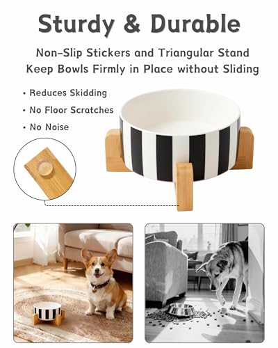 Ceramic Dog Bowl with Wood Stand (M-3.5 Cups / 05-Stripe)