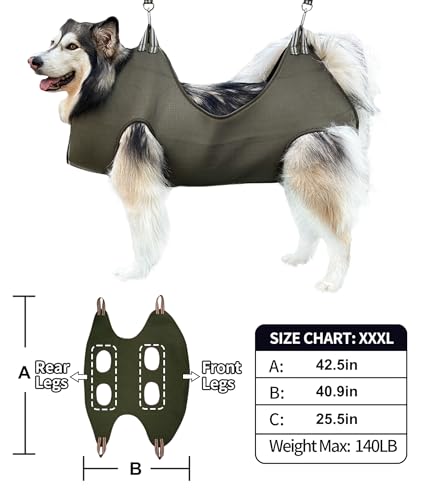 10 in 1 Pet Grooming Hammock Harness with Nail Clippers (XXXL/Under 130 lb / Khaki Green)