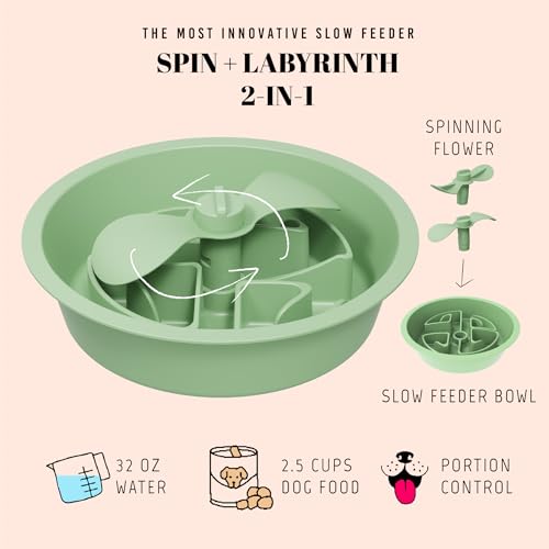 Slow Feeder Dog Bowls for Large Breed (Petal Feeder Green / 2.5 Cup - Fit 7.5-7.7'' Feeder Holes)