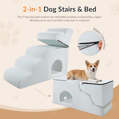 Dog Stairs for High Beds Up to 30" H with Tunnel (Beige / 5-Steps)
