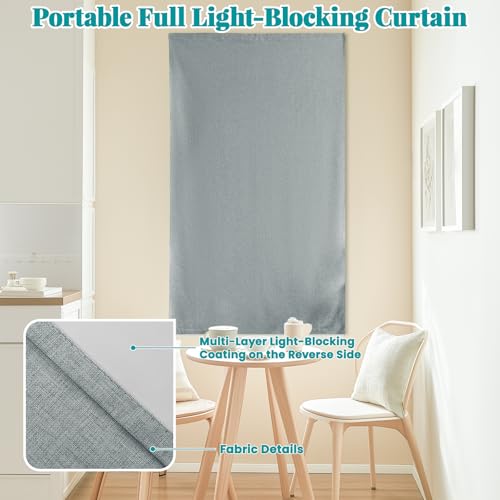 100% Blackout Magic Tape Stick On Curtains Window Shades Pull Down Blackout Window Cover No Drillng Self Adhesive Curtains No Rod Small Windows (35"W x 60"L (Pack of 1) / Light Grey)