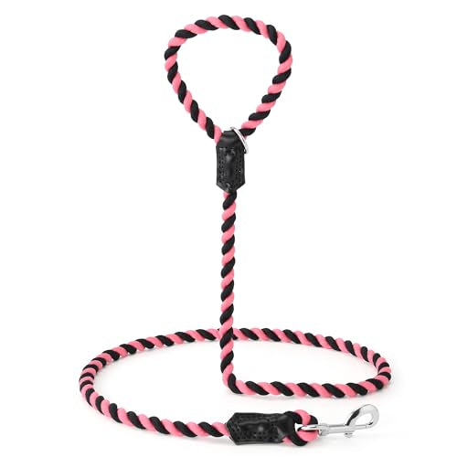 Rainbow Dog Leash Braided Cotton Rope w Leather (Black/Pink / 48 Inch-1/2")