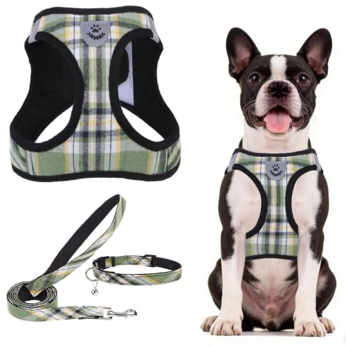 Dog Harness Collar and Leash Set No Pull for Small Medium Sized (Yellow Green / L (CHEST 18"-20"))