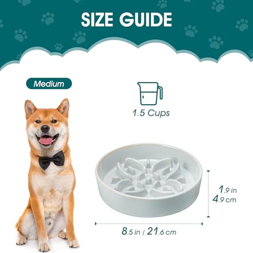 Ceramic Slow Feeder Dog Bowls (M-1.5 Cups / Grayish Cyan)