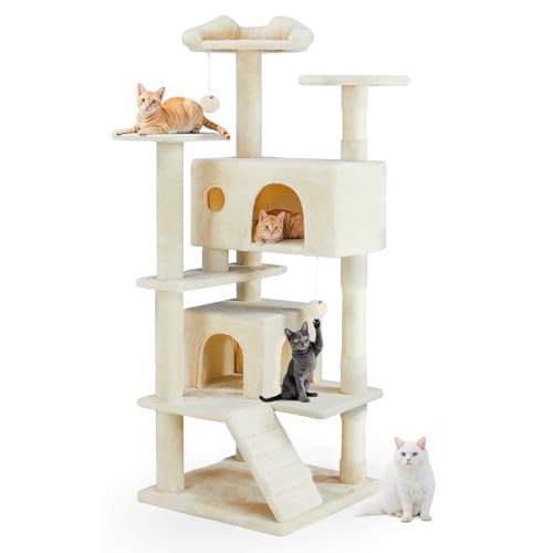 54 Inch Cat Tree Tower with Natural Sisal Scratching Post (Cream / 54IN)