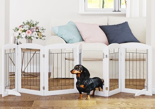 6 Panels Dog Gate Indoor with Walk Through Door (White / 【6 Panels with door】120"W x 24"H)