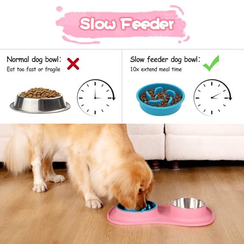 Dog Food and Water Bowl Set 3 in 1 (Large / Pink)