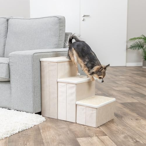3 Step Velour Pet Stairs for Dogs & Cats (Beige / 11" W x 17.7" H)