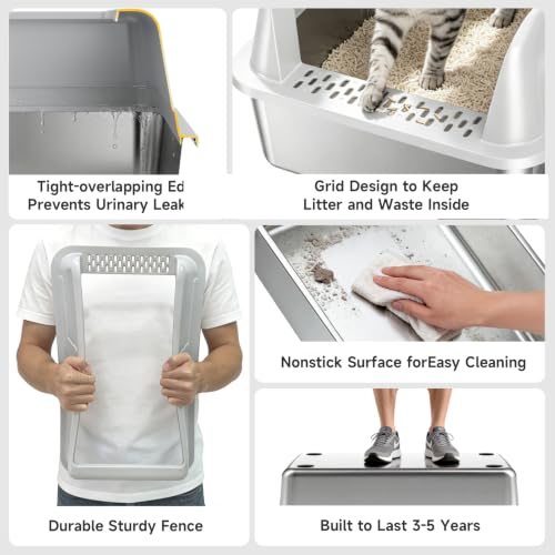 High Sided Stainless Steel XL Cat Litter Box for Cats (Grey XL)