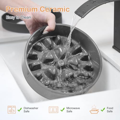Ceramic Slow Feeder Dog Bowls with Silicone Base (Medium-8 inches / Grey)