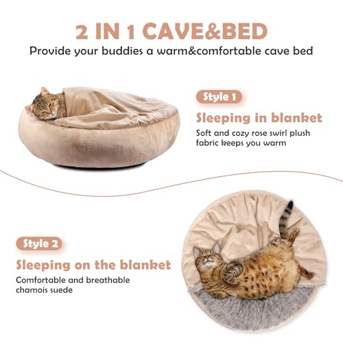 Small Dog Cat Bed With Hooded Blanket (S(23" x 23" x 7") / Beige)